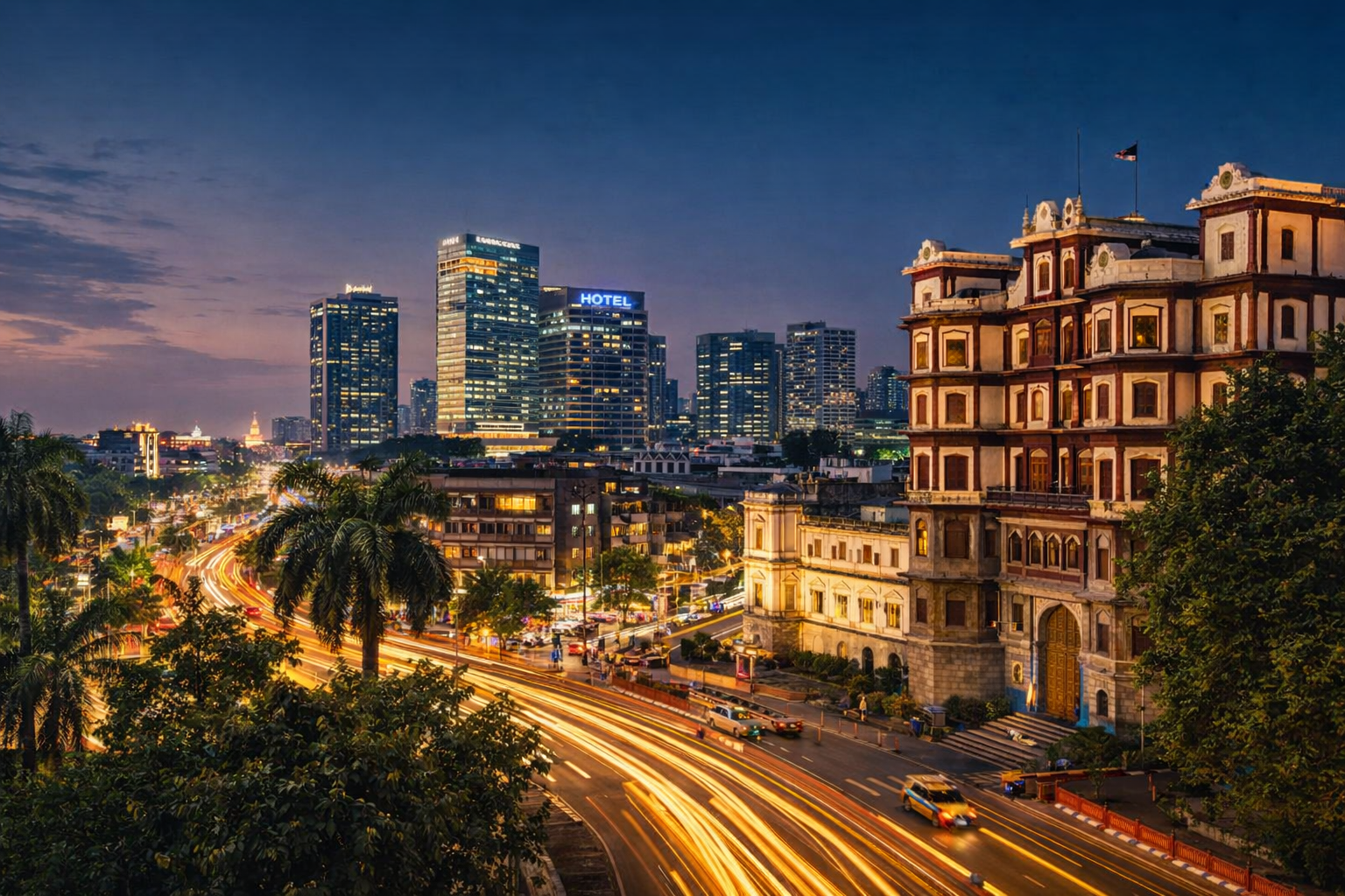 Indore city nighttime skyline aerial view