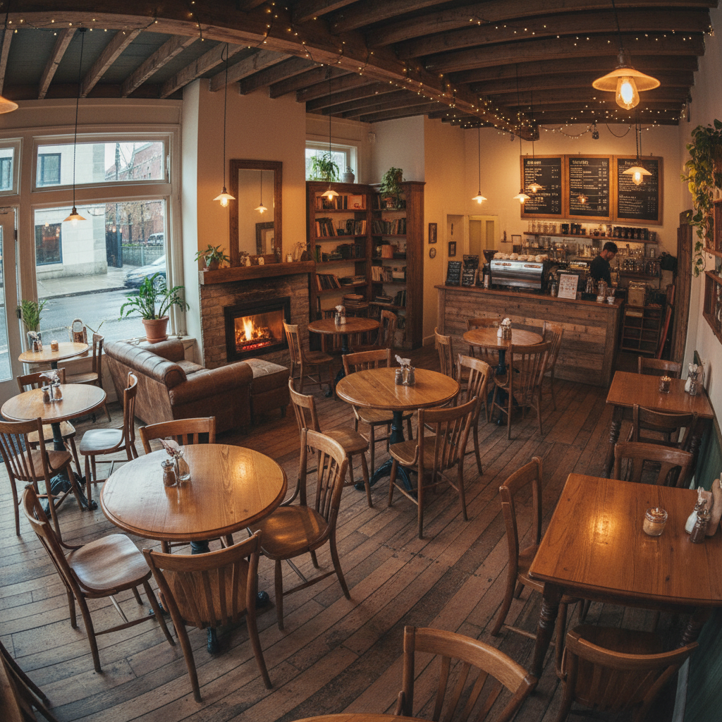 Warm-lit independent café interior with wooden furniture and soft morning light