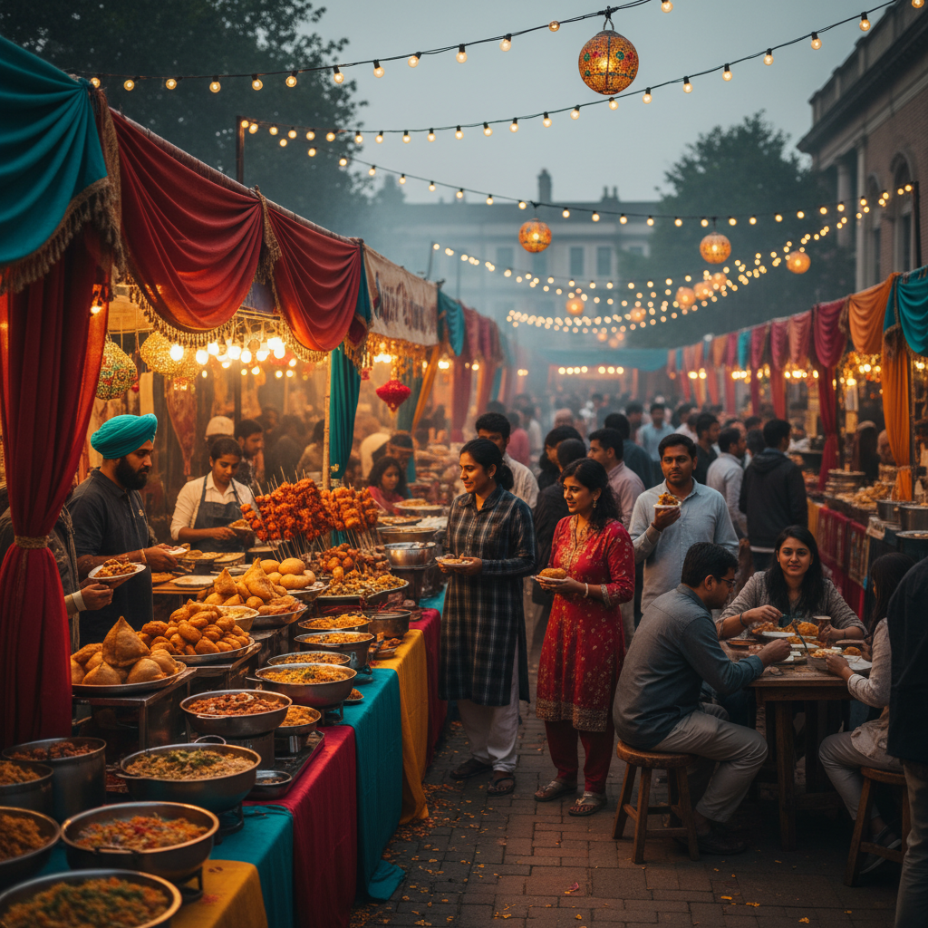 Vibrant Indian street food market with colourful dishes and evening crowd